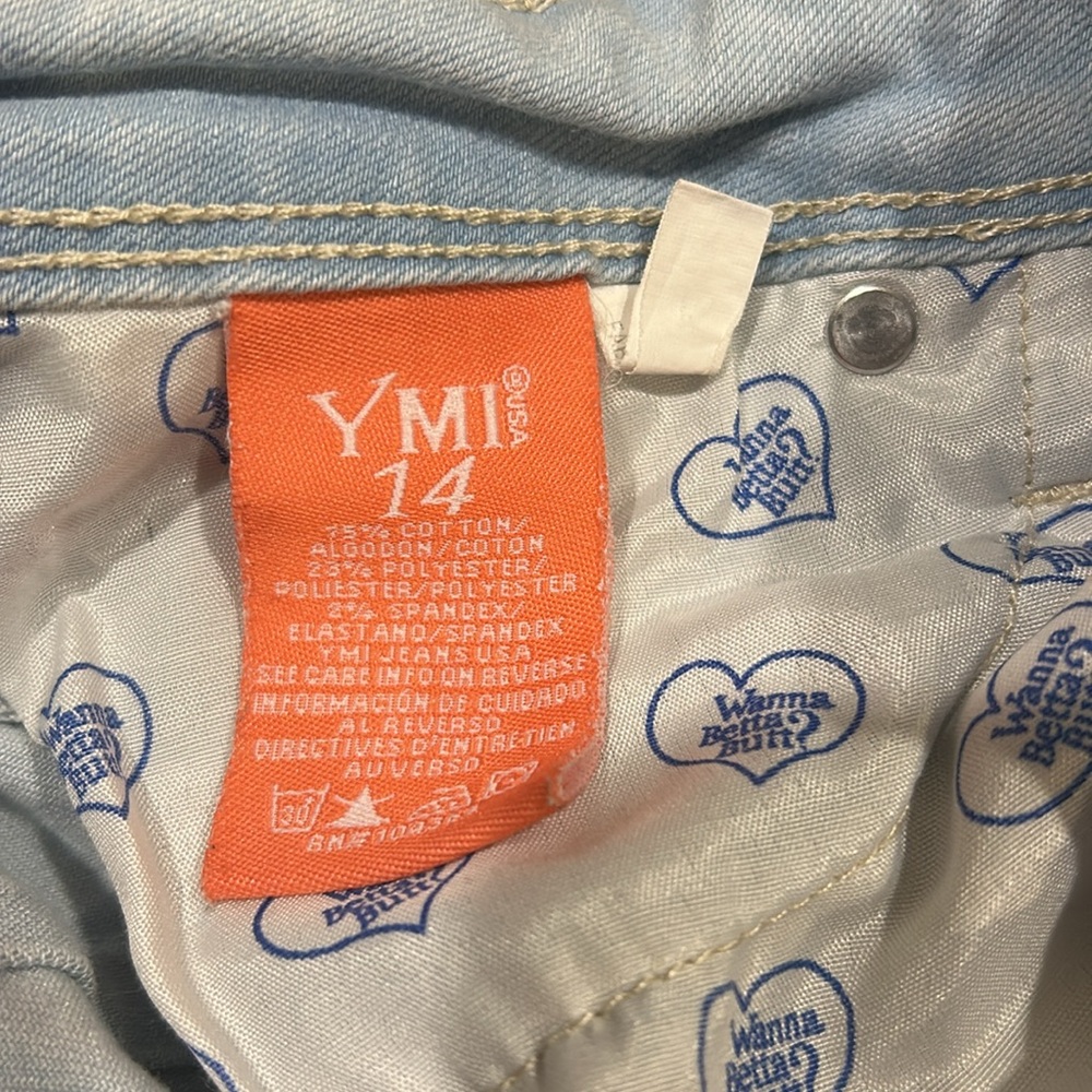 YMI WANNABETTABUTT? Skinny embroidered pockets distress Jeans fringe hem size 14 - Picture 9 of 14